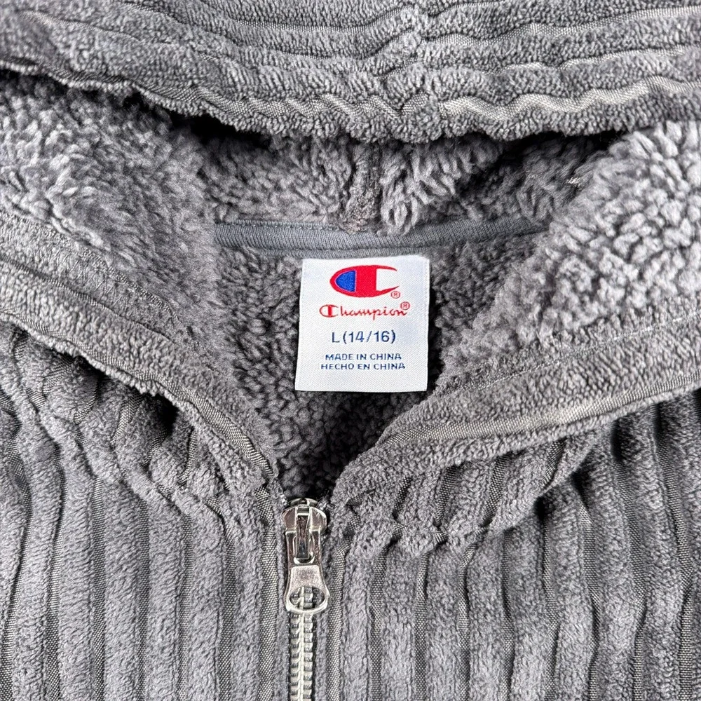 Champion Corduroy Hoodie Quarter Zip Boys Size L 14/16 Grey Sherpa‎ Lined